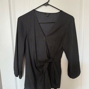 Ann Taylor Black and Blue Polka Dot Wrap Blouse